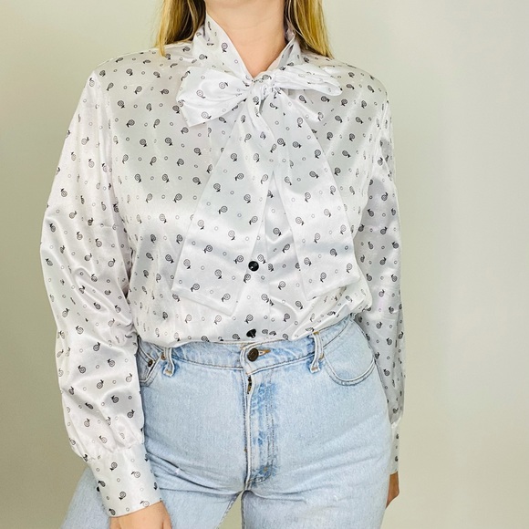 Vintage 70s 80s Handmade Mod Novelty Print Pussy-Bow Button Front Blouse Medium - Picture 4 of 9